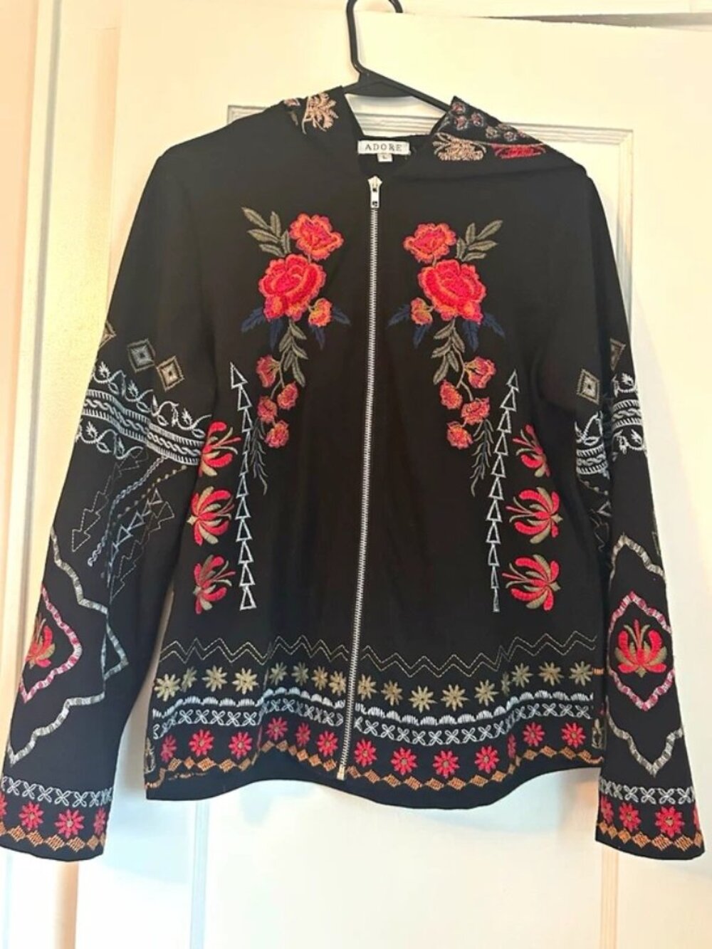 Adore Black Full Zip Hooded Embroidered Floral Hoodie